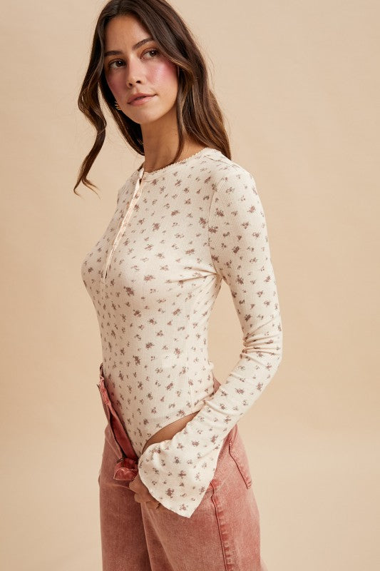 Ditsy Print Pointelle Knit Bell Sleeve Bodysuit Cream