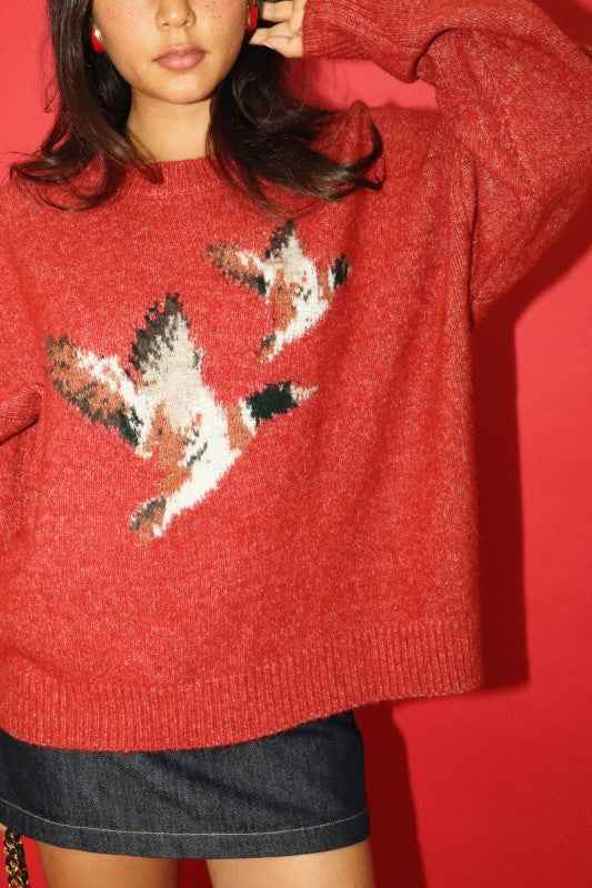 Flying Mallard Duck Knit Sweater Vintage Red