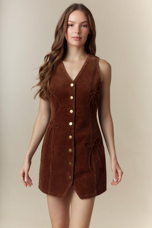 Bow Detailed Corduroy Vest Mini Dress Brown