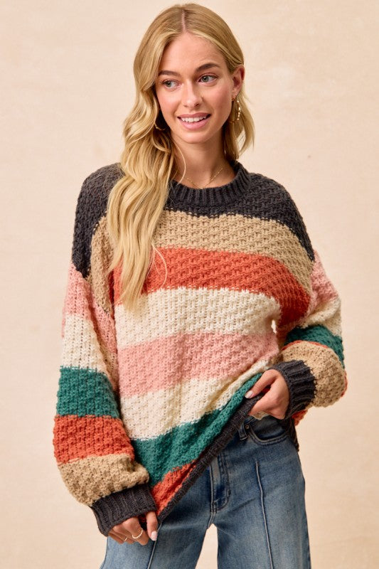 Stripes Color Block Chunky Sweater Multi-Color