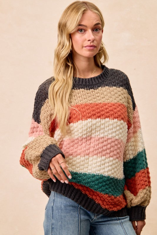 Stripes Color Block Chunky Sweater Multi-Color