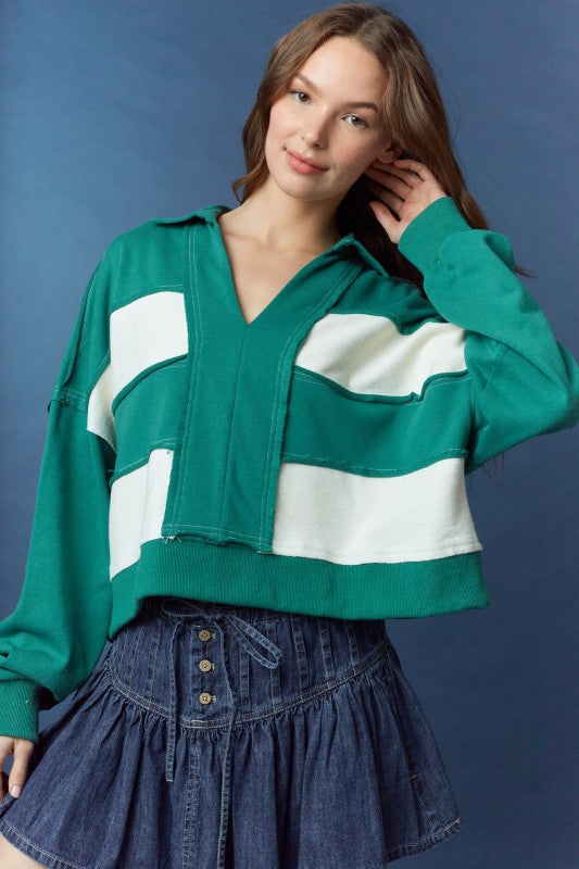 Cut Block Striped Collar Top Hunter Green