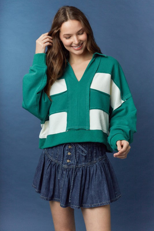 Cut Block Striped Collar Top Hunter Green