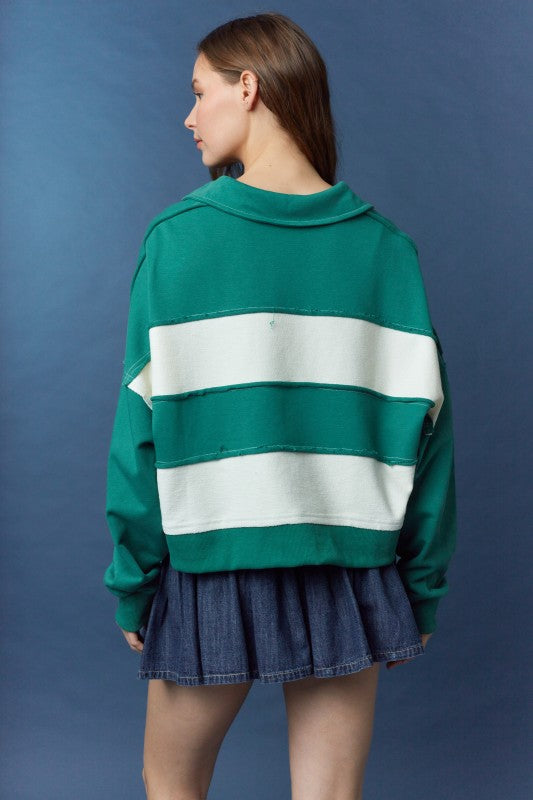 Cut Block Striped Collar Top Hunter Green