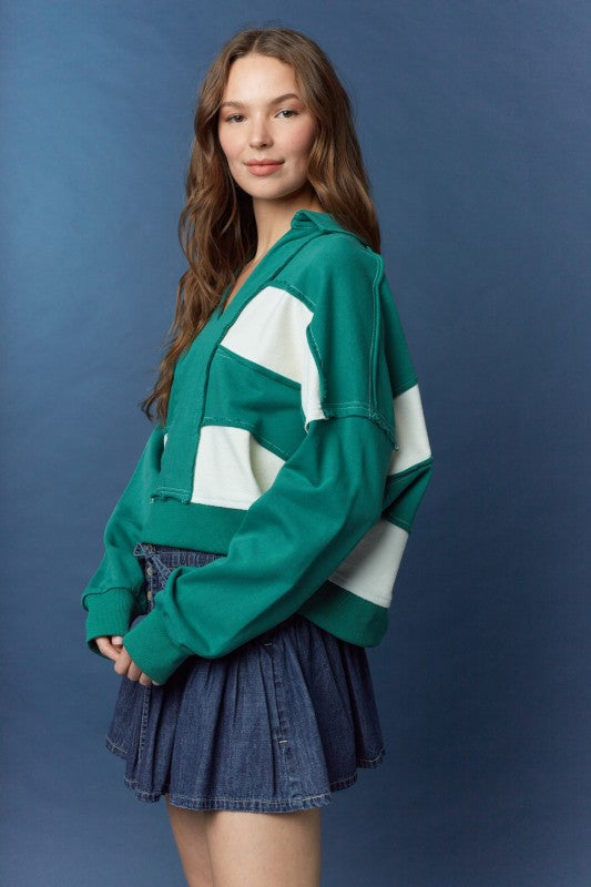Cut Block Striped Collar Top Hunter Green