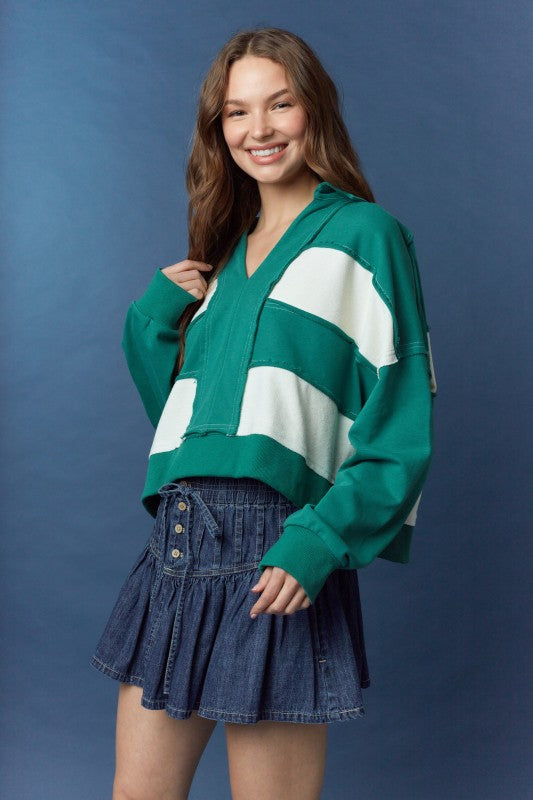 Cut Block Striped Collar Top Hunter Green