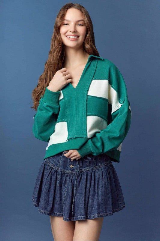 Cut Block Striped Collar Top Hunter Green