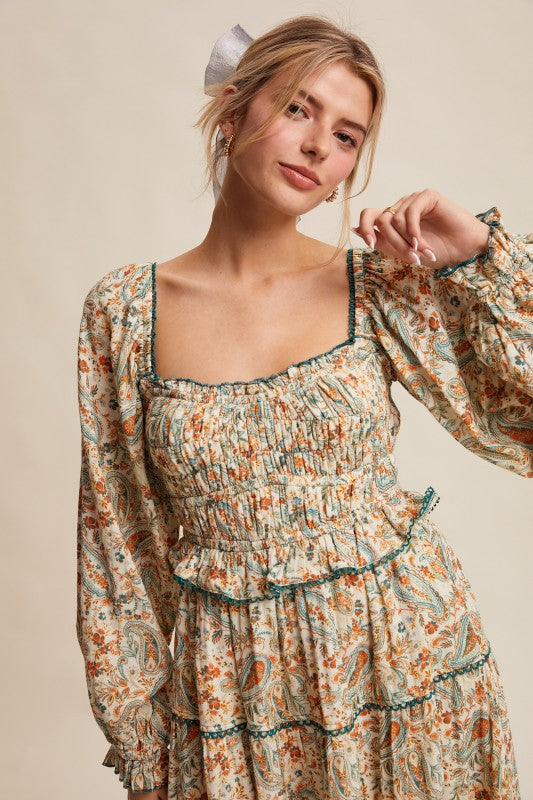 Paisley Smocked Tiered Maxi Dress Cream