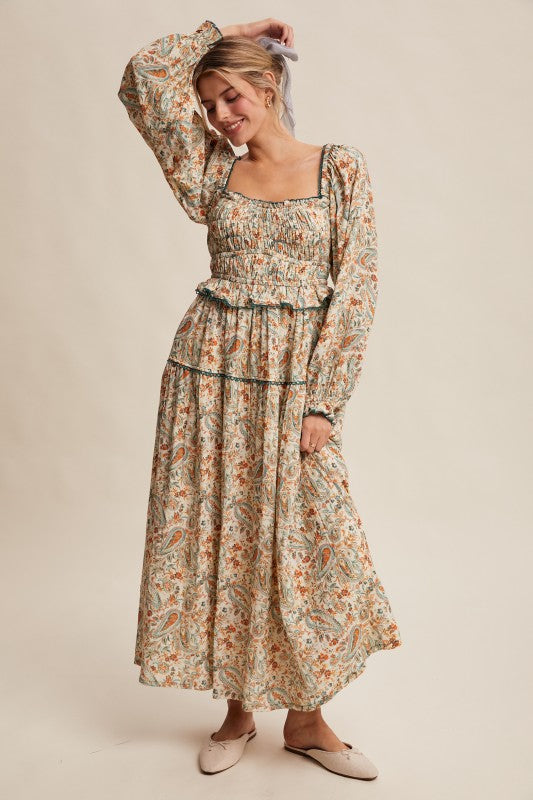 Paisley Smocked Tiered Maxi Dress Cream