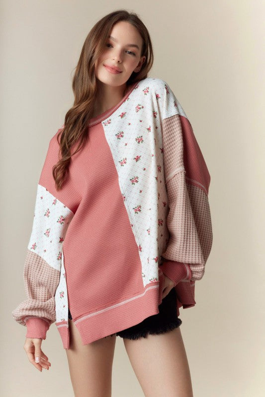 Crew Neck Floral Print Sweatshirt Top Ivory/Pink