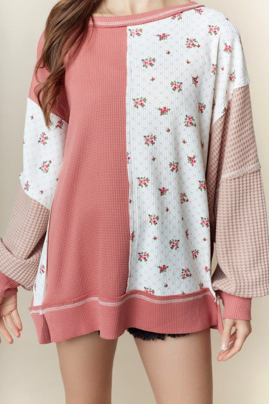 Crew Neck Floral Print Sweatshirt Top Ivory/Pink