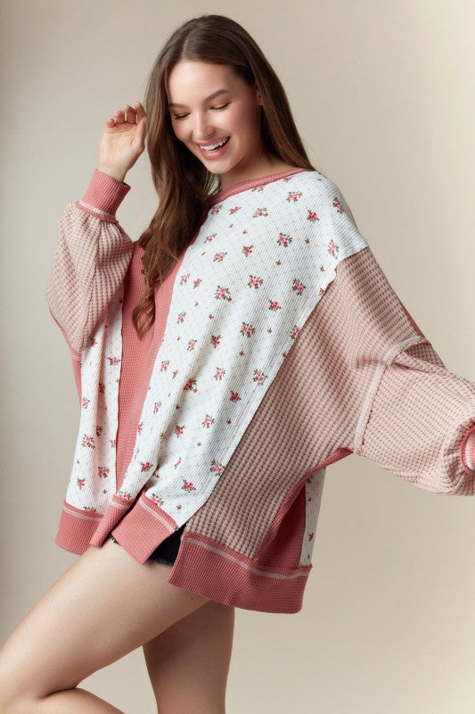 Crew Neck Floral Print Sweatshirt Top Ivory/Pink