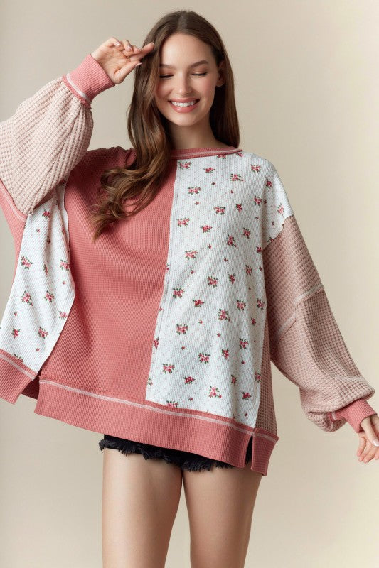 Crew Neck Floral Print Sweatshirt Top Ivory/Pink