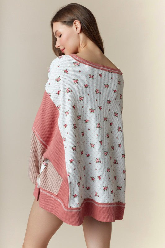 Crew Neck Floral Print Sweatshirt Top Ivory/Pink