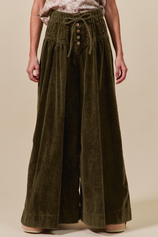 Mid Rise Corduroy Washed Wide Leg Pants Olive
