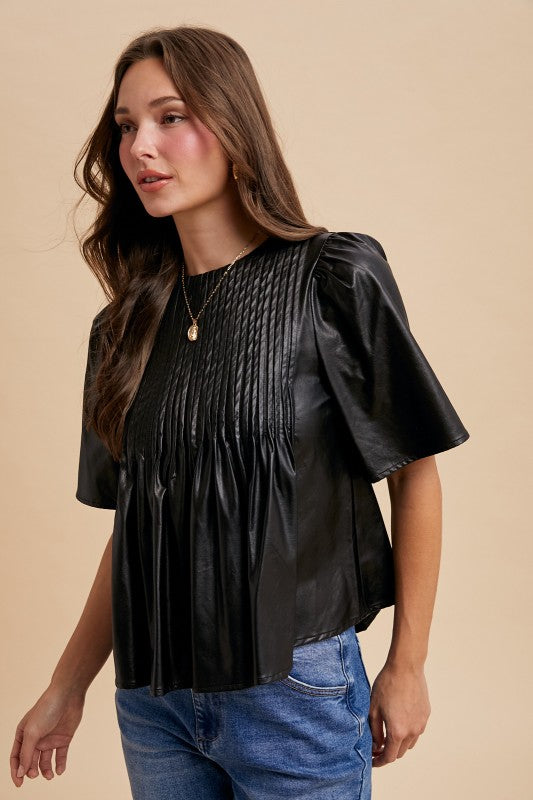 Leather Pin Tuck Detail Blouse Top Black