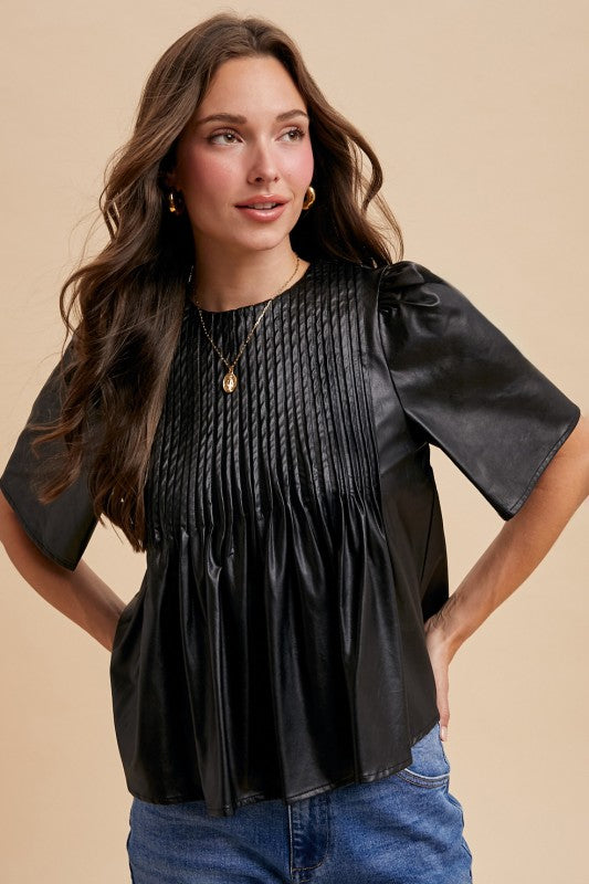 Leather Pin Tuck Detail Blouse Top Black
