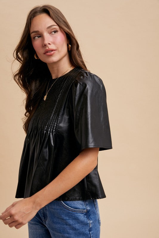 Leather Pin Tuck Detail Blouse Top Black