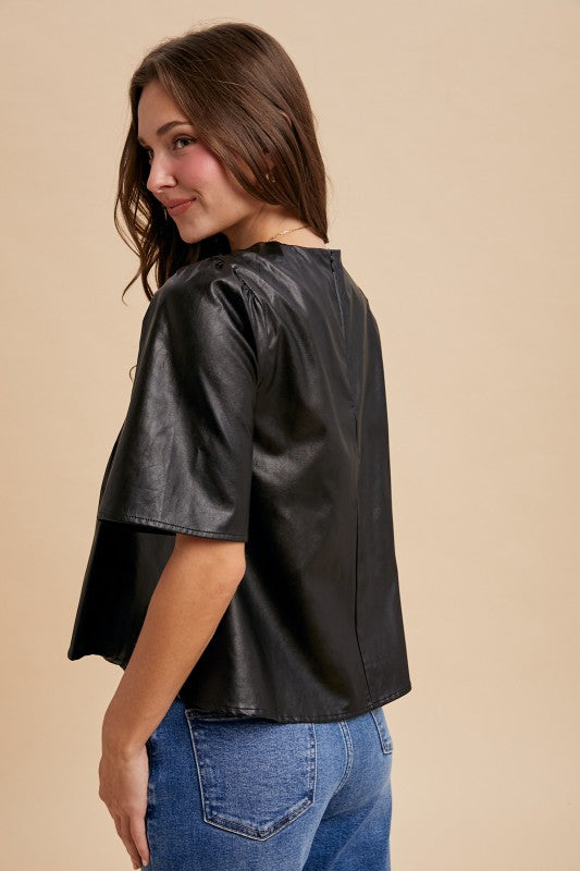 Leather Pin Tuck Detail Blouse Top Black