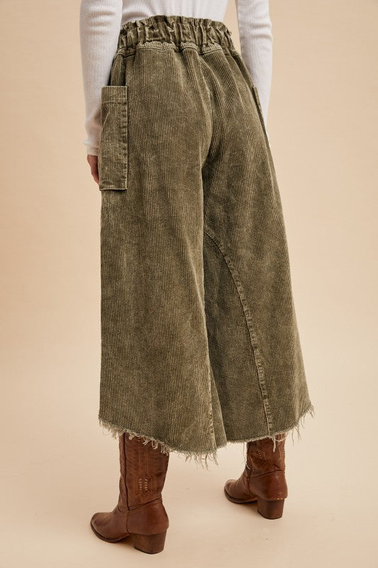 Cropped Fray Hem Corduroy Wide Pants Olive
