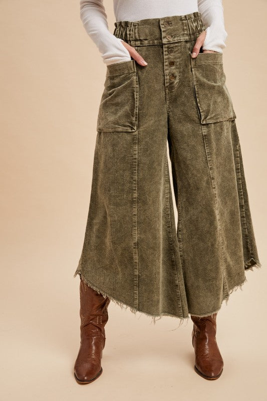 Cropped Fray Hem Corduroy Wide Pants Olive