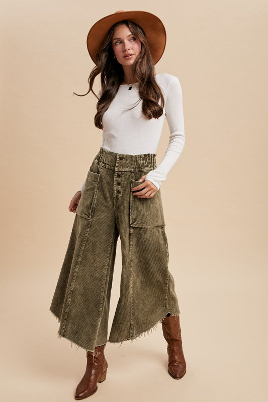 Cropped Fray Hem Corduroy Wide Pants Olive