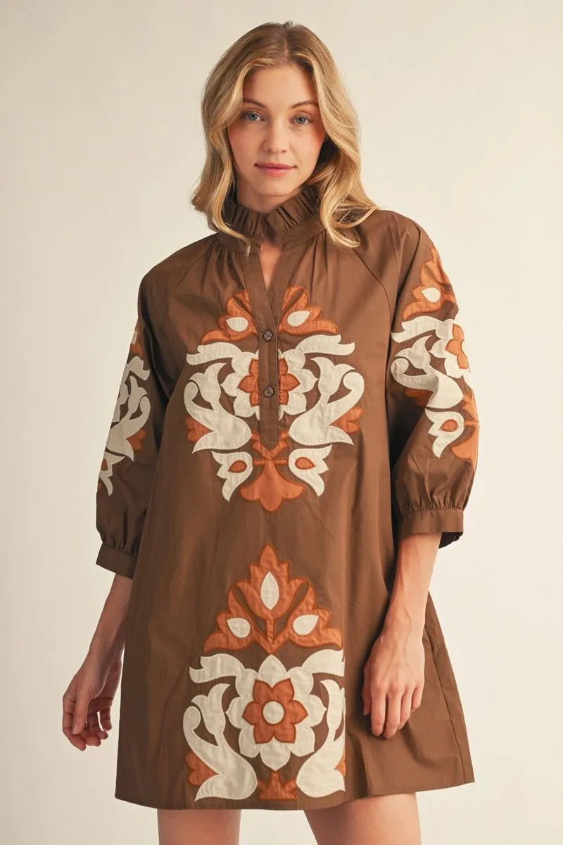 brown floral applique dress Baroque Shift Gentle dry cleaning