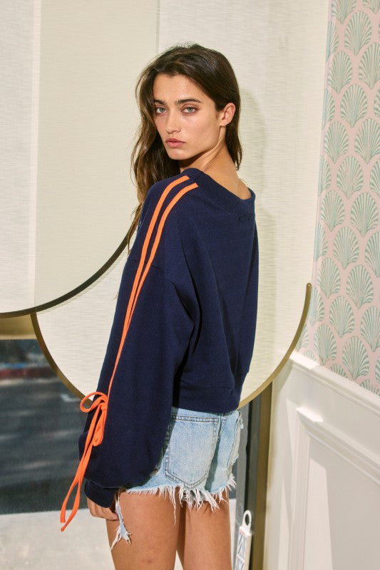 Contrast Tie Sleeves Terry Sweatshirt Navy