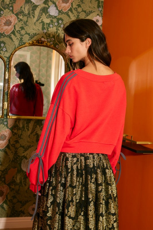 Contrast Tie Sleeves Terry Sweatshirt Crimson