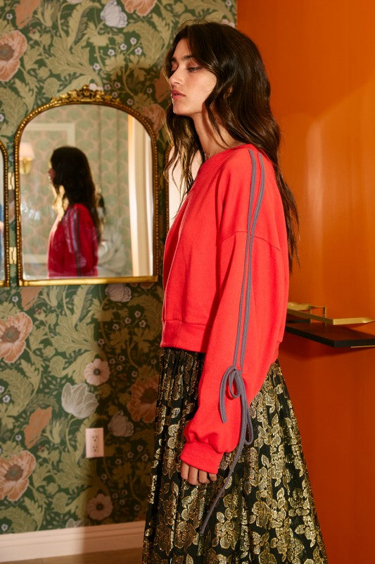 Contrast Tie Sleeves Terry Sweatshirt Crimson