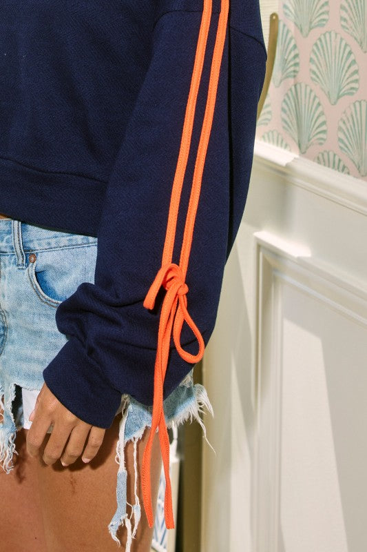 Contrast Tie Sleeves Terry Sweatshirt Navy