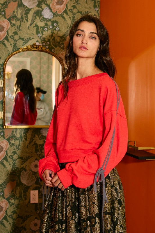 Contrast Tie Sleeves Terry Sweatshirt Crimson