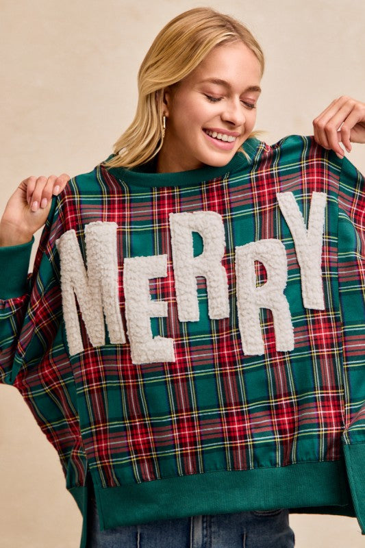 Merry Letter Patches Christmas Plaid Top Green