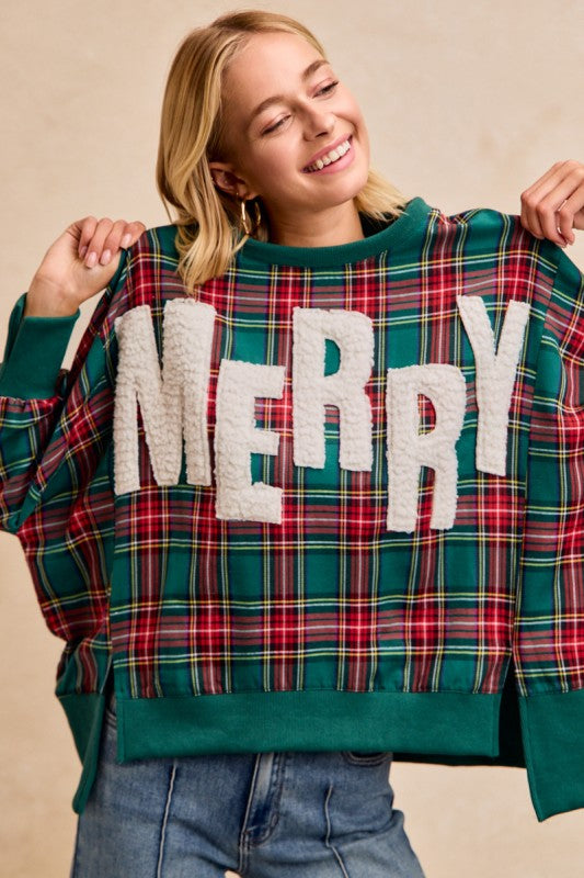 Merry Letter Patches Christmas Plaid Top Green