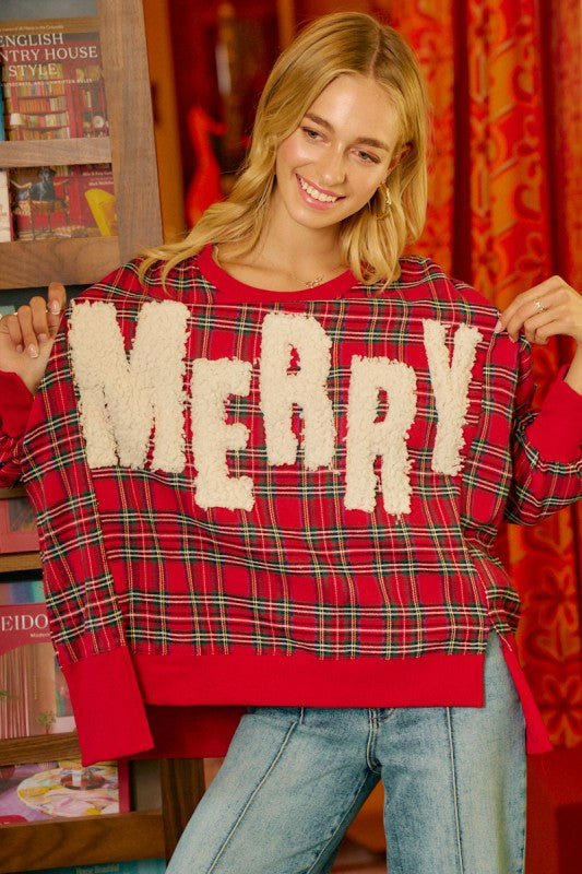 Merry Letter Patches Christmas Plaid Top Red