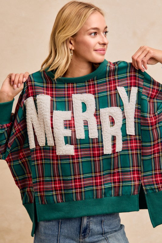 Merry Letter Patches Christmas Plaid Top Green