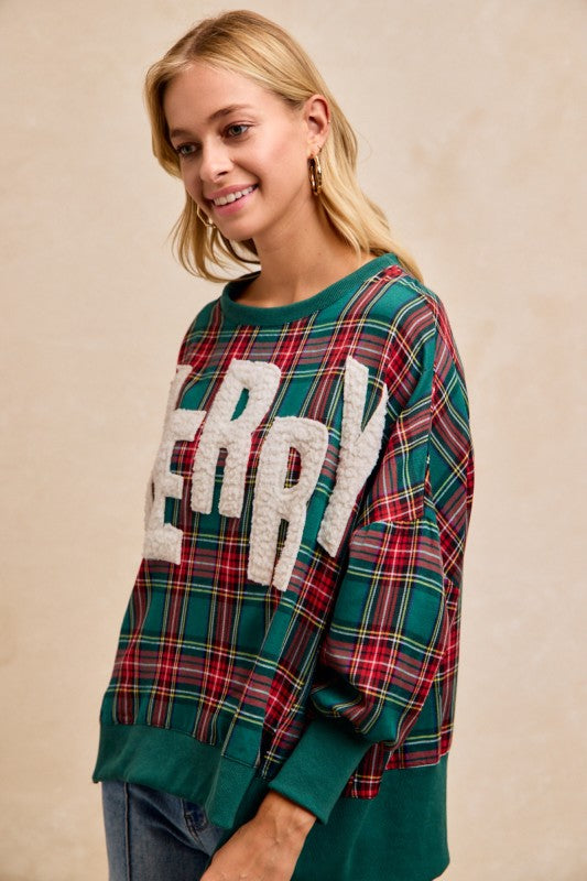Merry Letter Patches Christmas Plaid Top Green
