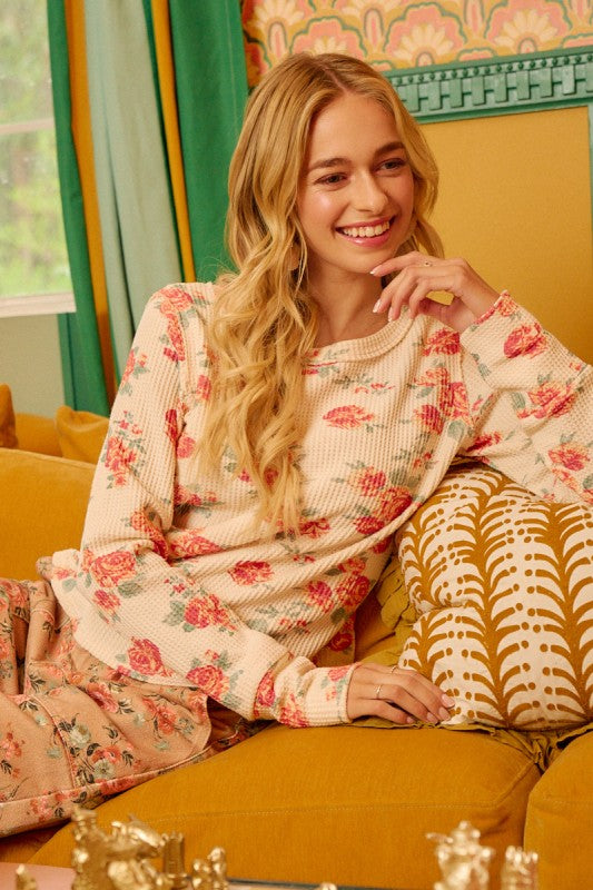 Floral Print Washed Waffle Thermal Top Oatmeal