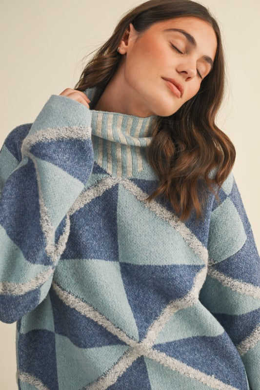 Boucle Geo Pattern High Collar Sweater Denim