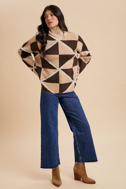 Boucle Geo Pattern High Collar Sweater Mocha