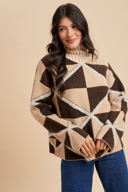 Boucle Geo Pattern High Collar Sweater Mocha