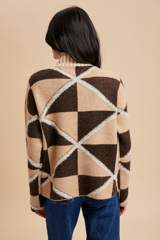 Boucle Geo Pattern High Collar Sweater Mocha