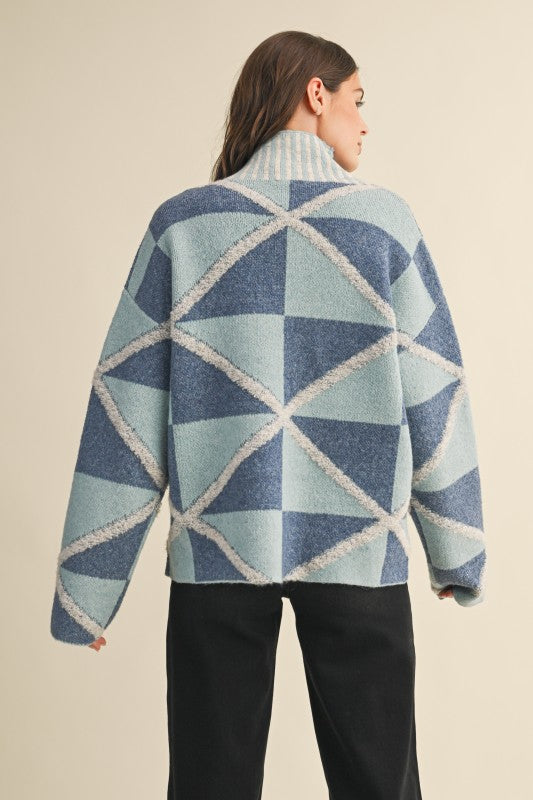 Boucle Geo Pattern High Collar Sweater Denim