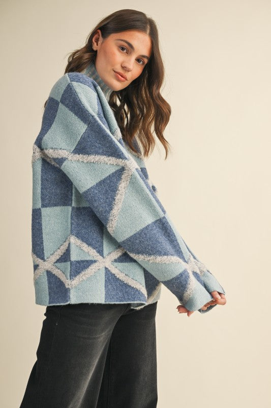 Boucle Geo Pattern High Collar Sweater Denim