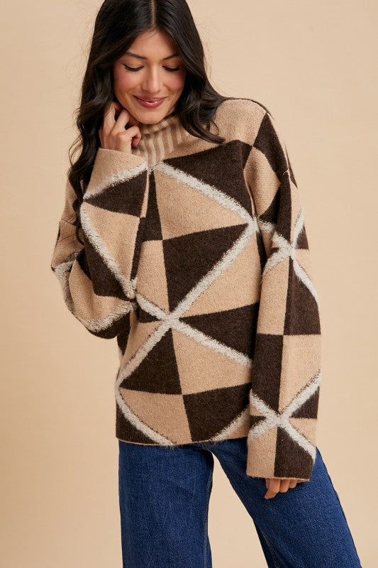 Boucle Geo Pattern High Collar Sweater Mocha