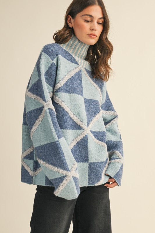 Boucle Geo Pattern High Collar Sweater Denim