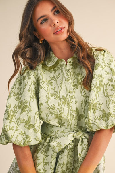 Jacquard Bubble Sleeve Midi Dress Sage Green - Southern Fashion