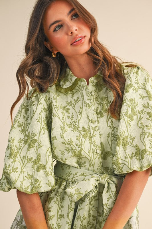 sage green jacquard dress Renni Sage Green Floral Jacquard One-Shoulder Maxi Dress