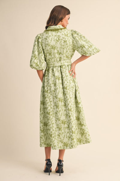 Jacquard Bubble Sleeve Midi Dress Sage Green - Southern Fashion
