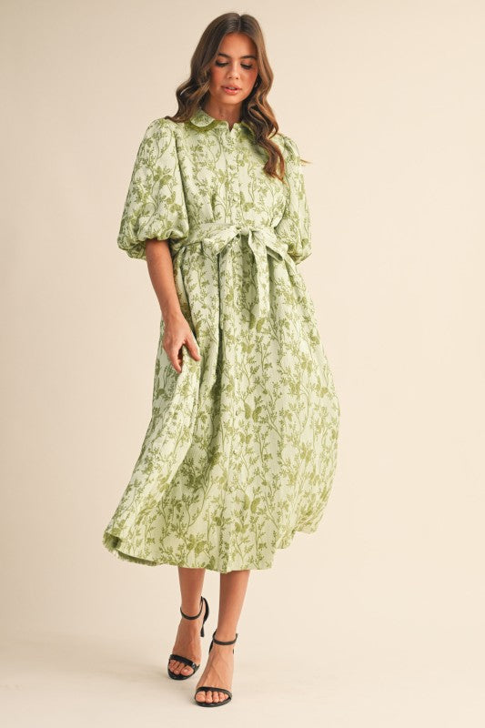 sage green midi dress with sleeves Jacquard Bubble Sleeve Midi Dress Sage Green